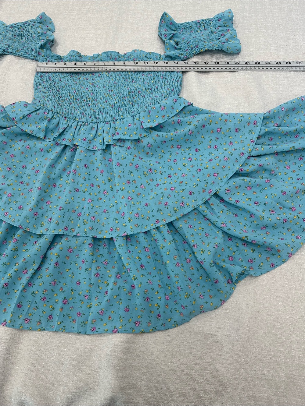 Mable Smocked Off-Shoulder Floral Mini Dress in Light Blue - Picture 5 of 12